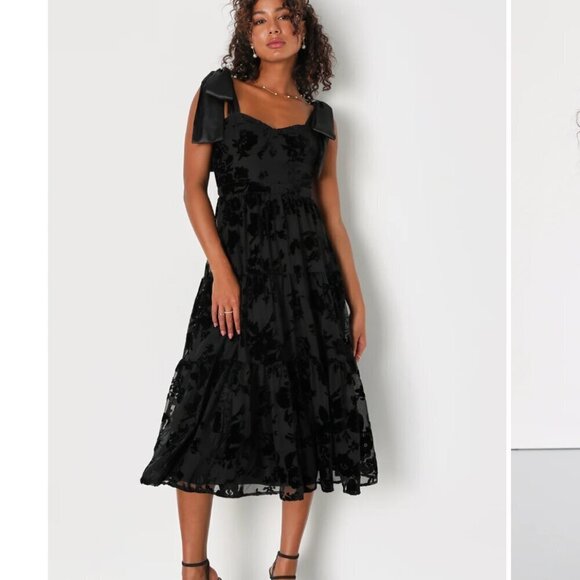 Lulu's Sweet Essence Black Floral Burnout Velvet Tie-Strap Midi Dress size S NWT - Picture 1 of 9